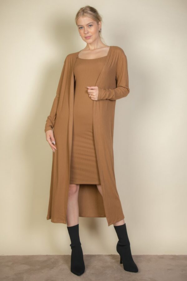 Ribbed Cardigan & Cami Midi Bodycon Dress Set