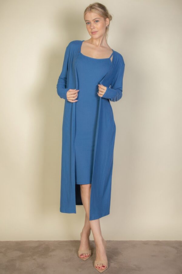 Ribbed Cardigan & Cami Midi Bodycon Dress Set
