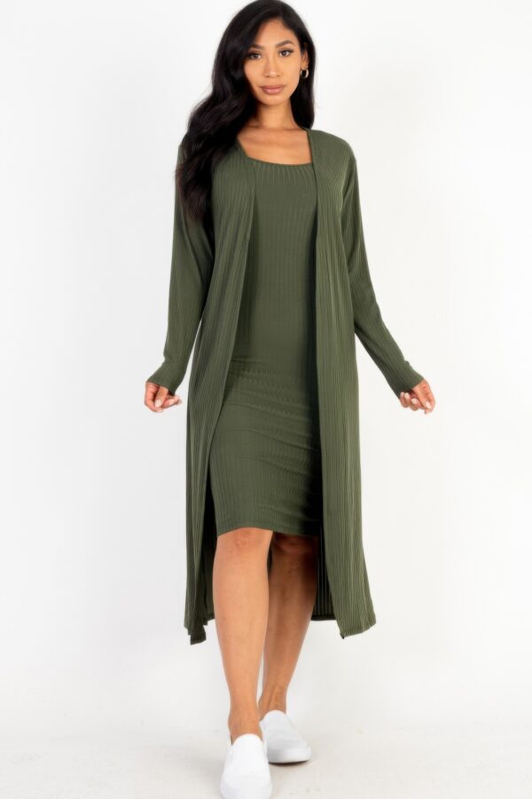 Ribbed Cardigan & Cami Midi Bodycon Dress Set