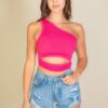 Ribbed One-Shoulder Cut-Out Crop Top – Bold Colors