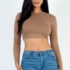 Crew Neck Cropped Long-Sleeve Top – High-Stretch Jersey