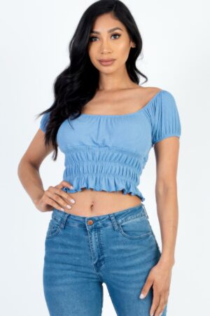 Ruched Puff Sleeve Ribbed Knit Top – Soft Stretch