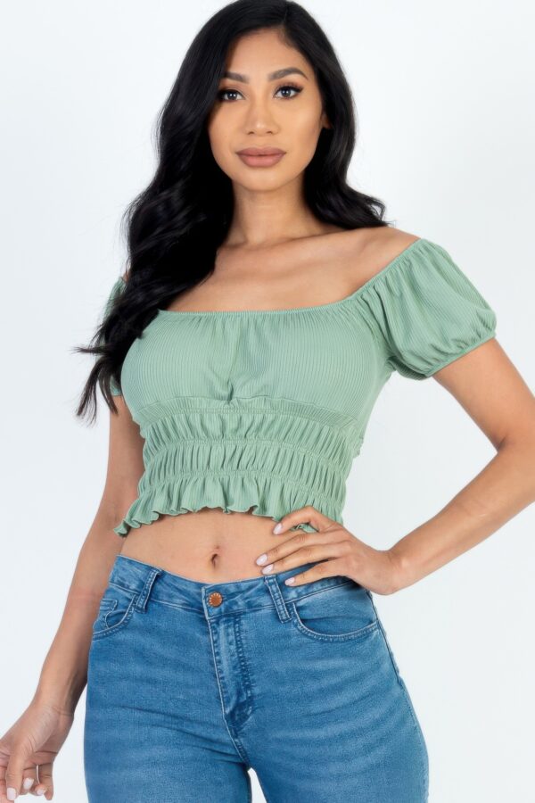 Ruched Puff Sleeve Ribbed Knit Top – Soft Stretch