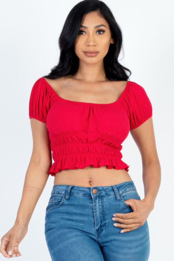 Ruched Puff Sleeve Ribbed Knit Top – Soft Stretch