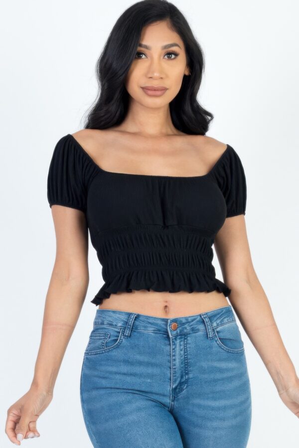 Ruched Puff Sleeve Ribbed Knit Top – Soft Stretch