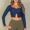 Ribbed Button-Front Split Long-Sleeve Crop Top