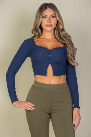 Ribbed Button-Front Split Long-Sleeve Crop Top