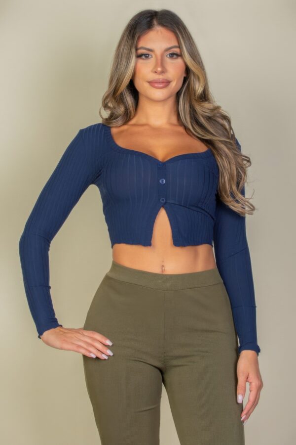 Ribbed Button-Front Split Long-Sleeve Crop Top
