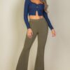 Ribbed Button-Front Split Long-Sleeve Crop Top
