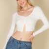 Ribbed Button-Front Split Long-Sleeve Crop Top