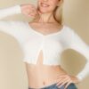 Ribbed Button-Front Split Long-Sleeve Crop Top