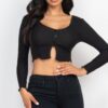Ribbed Button-Front Split Long-Sleeve Crop Top