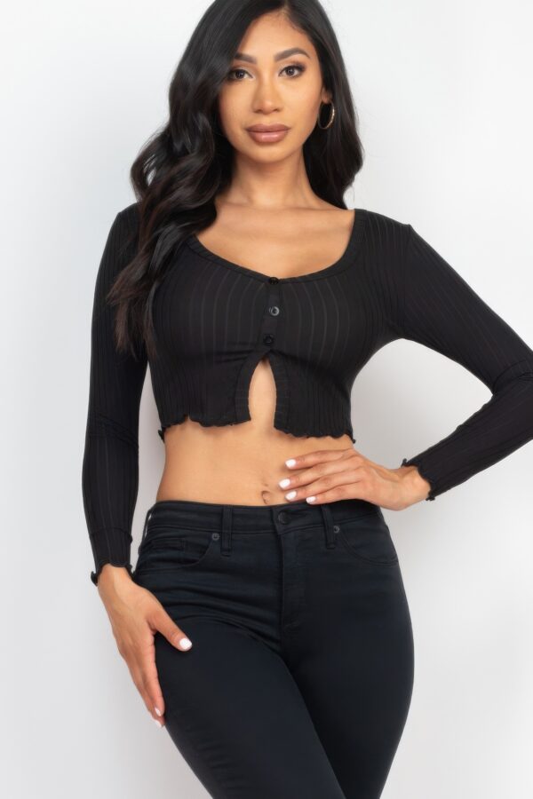 Ribbed Button-Front Split Long-Sleeve Crop Top