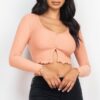 Ribbed Button-Front Split Long-Sleeve Crop Top