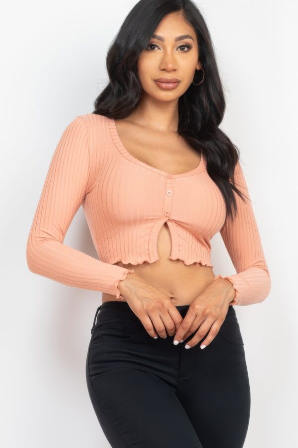 Ribbed Button-Front Split Long-Sleeve Crop Top