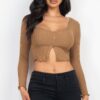 Ribbed Button-Front Split Long-Sleeve Crop Top