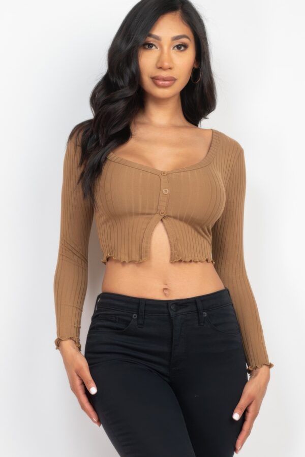 Ribbed Button-Front Split Long-Sleeve Crop Top