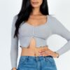 Ribbed Button-Front Split Long-Sleeve Crop Top