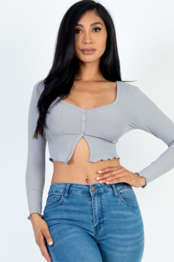 Ribbed Button-Front Split Long-Sleeve Crop Top