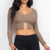 Ribbed Button-Front Split Long-Sleeve Crop Top
