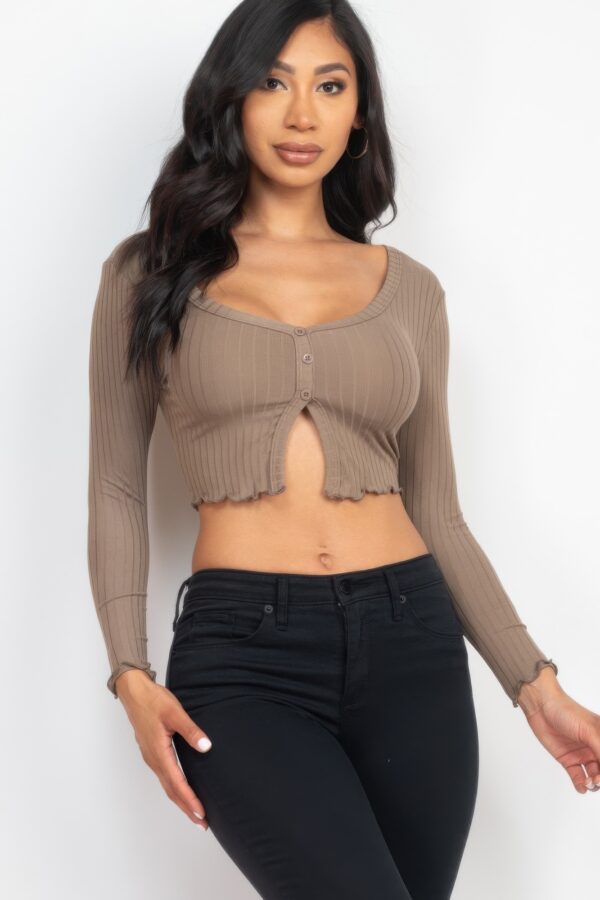 Ribbed Button-Front Split Long-Sleeve Crop Top