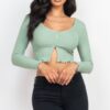Ribbed Button-Front Split Long-Sleeve Crop Top