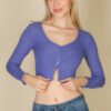 Ribbed Button-Front Split Long-Sleeve Crop Top