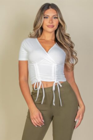 Ribbed Surplice Top with Ruched Drawstring