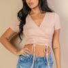 Ribbed Surplice Top with Ruched Drawstring