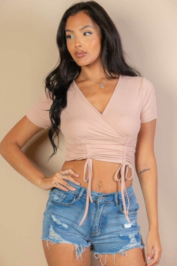 Ribbed Surplice Top with Ruched Drawstring