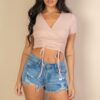 Ribbed Surplice Top with Ruched Drawstring