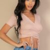Ribbed Surplice Top with Ruched Drawstring