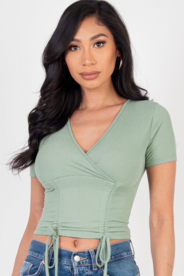 Ribbed Surplice Top with Ruched Drawstring