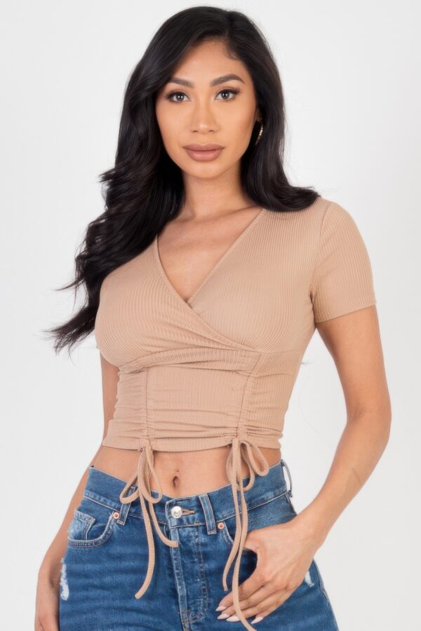 Ribbed Surplice Top with Ruched Drawstring