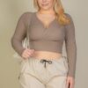 Plus Size Ribbed Wrap-Front Long Sleeve Top
