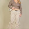 Plus Size Ribbed Wrap-Front Long Sleeve Top