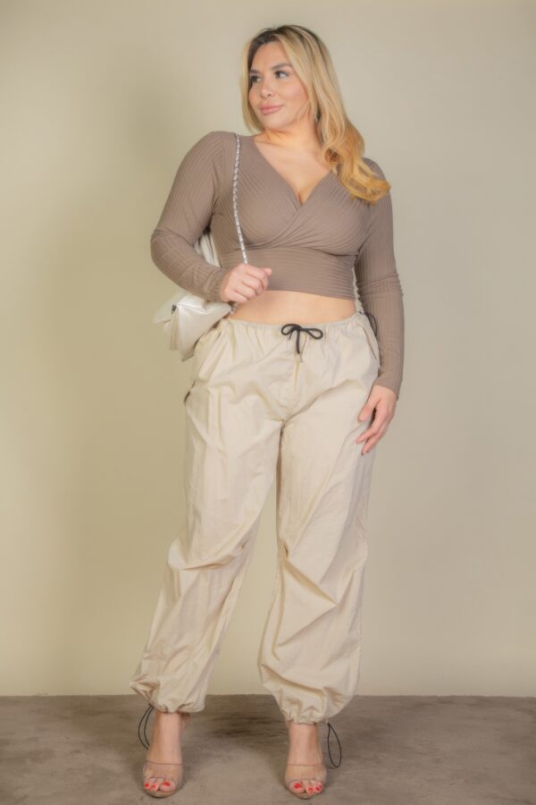 Plus Size Ribbed Wrap-Front Long Sleeve Top