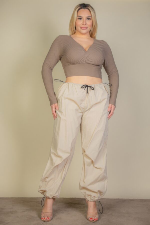 Plus Size Ribbed Wrap-Front Long Sleeve Top