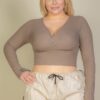 Plus Size Ribbed Wrap-Front Long Sleeve Top