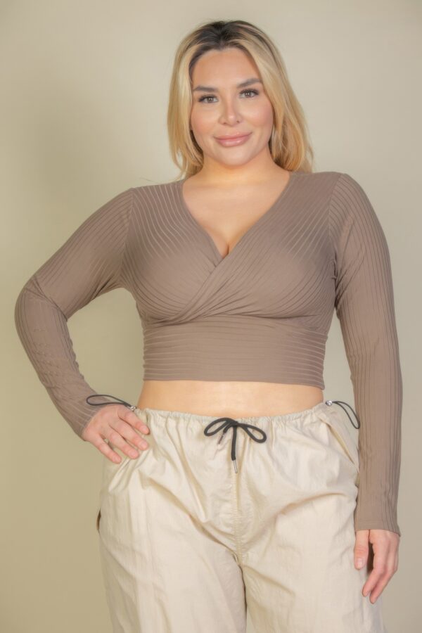 Plus Size Ribbed Wrap-Front Long Sleeve Top