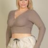 Plus Size Ribbed Wrap-Front Long Sleeve Top