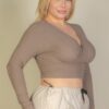 Plus Size Ribbed Wrap-Front Long Sleeve Top