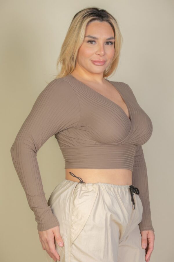 Plus Size Ribbed Wrap-Front Long Sleeve Top