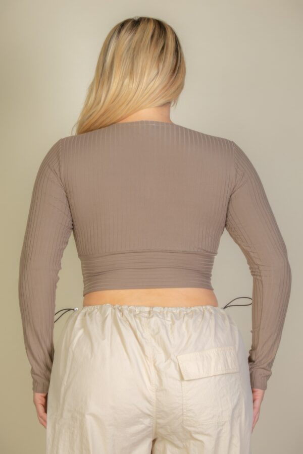 Plus Size Ribbed Wrap-Front Long Sleeve Top