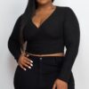 Plus Size Ribbed Wrap-Front Long Sleeve Top