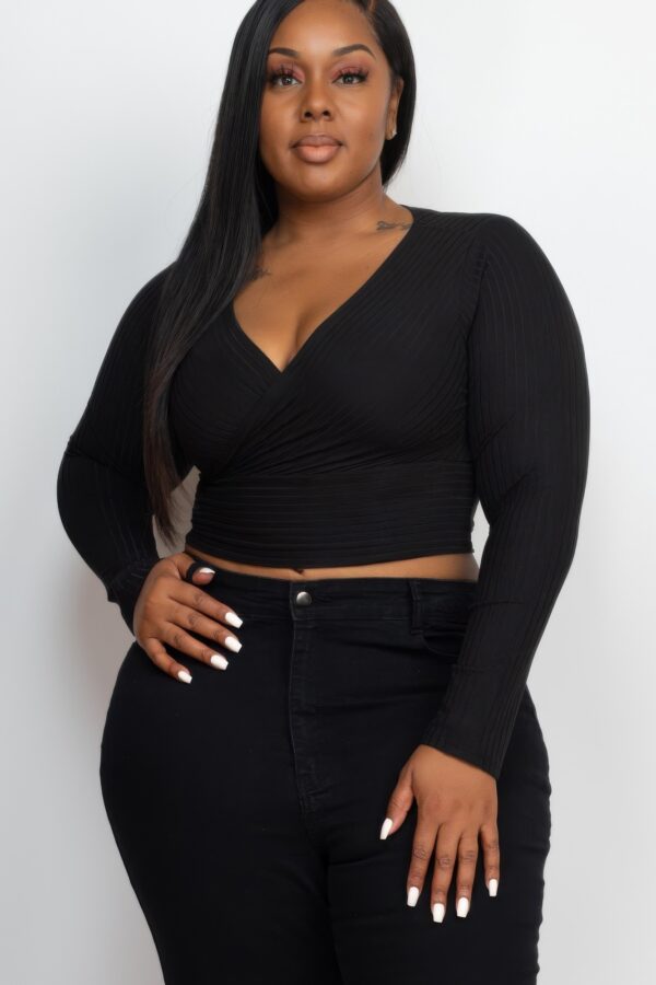 Plus Size Ribbed Wrap-Front Long Sleeve Top