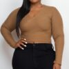 Plus Size Ribbed Wrap-Front Long Sleeve Top