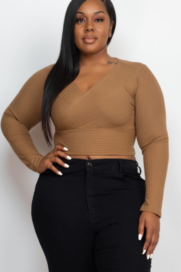 Plus Size Ribbed Wrap-Front Long Sleeve Top