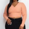 Plus Size Ribbed Wrap-Front Long Sleeve Top