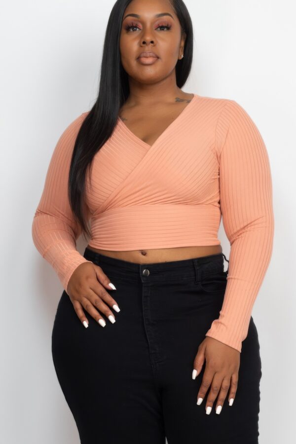 Plus Size Ribbed Wrap-Front Long Sleeve Top